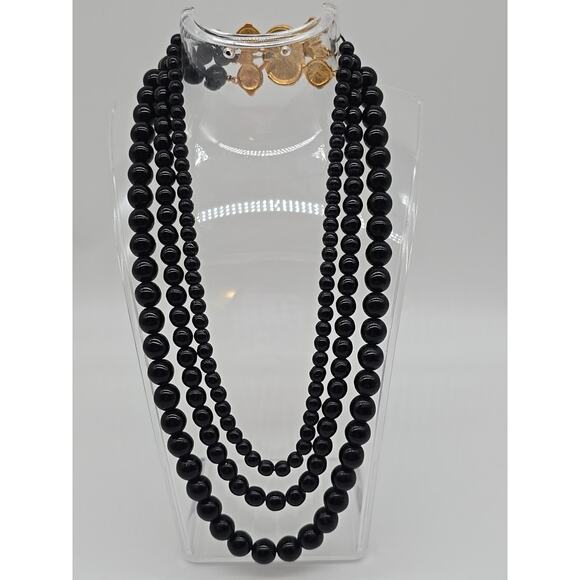 Vintage Monet Triple Strand Cascade Black Beaded Necklace Gold Tone Hook Clasp - Picture 1 of 5